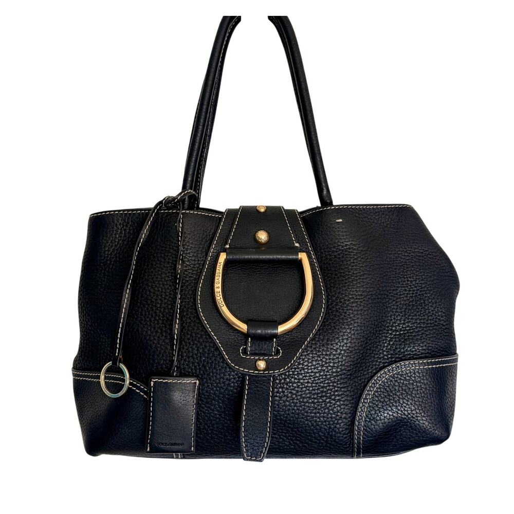 Vintage Dulce & Gabbana D Ring Black Leather Shoulder Hand Bag Gold Aunthentic
